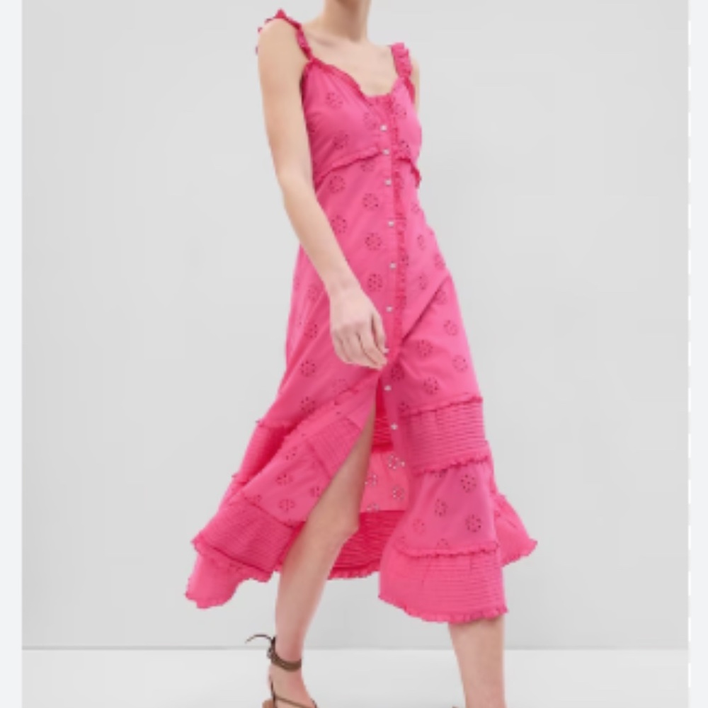 GAP Pink Ruffle Hem Eyelet Maxi Dress - Size Petite L